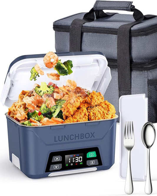 Rechargeable Heated Lunch Box for Men, 1.3L Cordless Electric Lunch Box for Adults with Scheduled Heating, Portable Food Warmer with Large Bag, Cutlery, Removable Divider