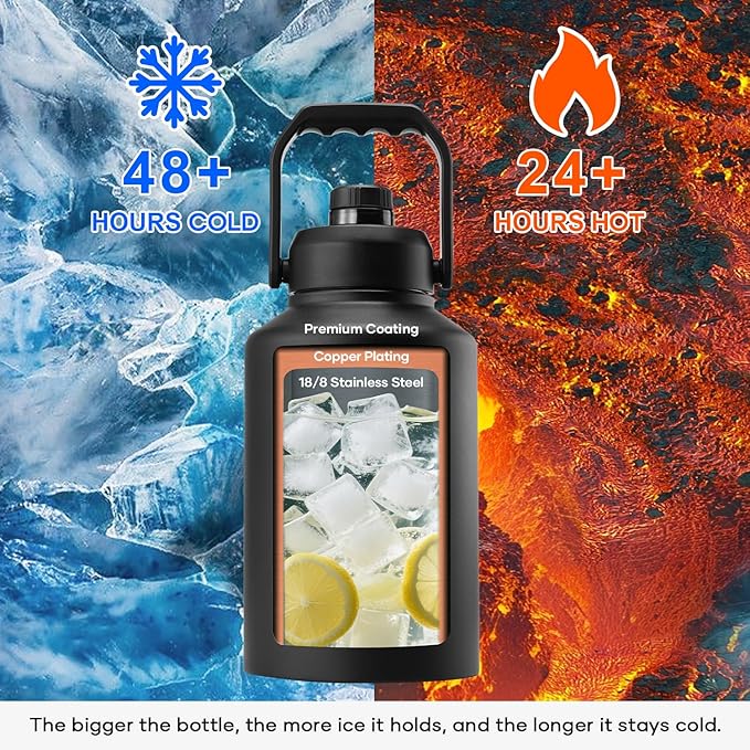 BUZIO 1 Gallon Water Bottle Insulated, (Cold for 48 Hrs) 3.58in Big Wide Mouth Leak Proof, 128oz Large Water Jug Stainless Steel Metal Flask with Handle for Camping,Outdoor Work,Travel,Hiking, Black