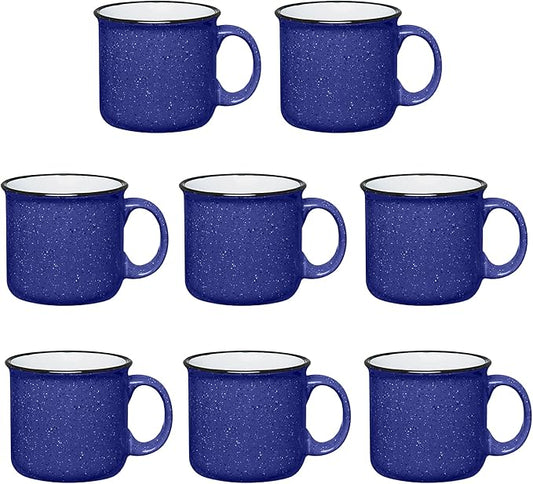 Set of 8 Ceramic Campfire Mugs – 15 Oz, Cobalt Blue – Coffee & Tea Cups for Home, Work, Travel, Camping – Customizable, Great for DIY, Events, Companies