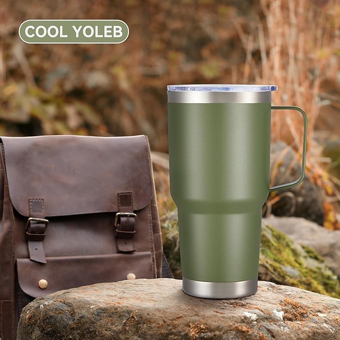 30 oz Tumbler with Handle and Lid, Stainless Steel Tumblers Bulk Double Wall Vacuum Insulated Travel Mug Leak Proof Cup Keep Drinks Cold and Hot Army Green, 8 Pack