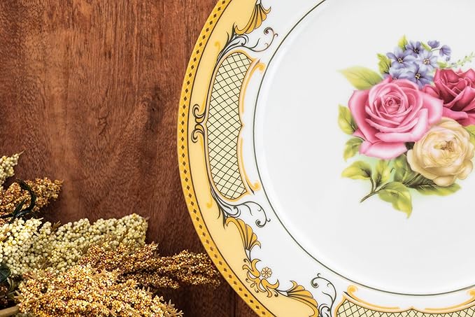 Porcelain Dinnerware Set for 1 - White with Gold 4 Piece Set Vintage Roses Design - Elegant Dinner Plates and Bowls - Dining Kitchenware for Home, Formal Occasions and Everyday Dishes