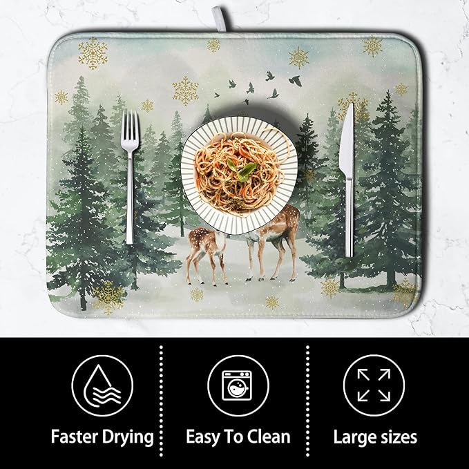 Reindeer Tree Snowflakes Christmas Dish Drying Mats for Kitchen Counter 16x18 Inch Winter Forest Dish Drainer Mats Absorbent Reversible Dish Draining Microfiber Dishes Drying Pad