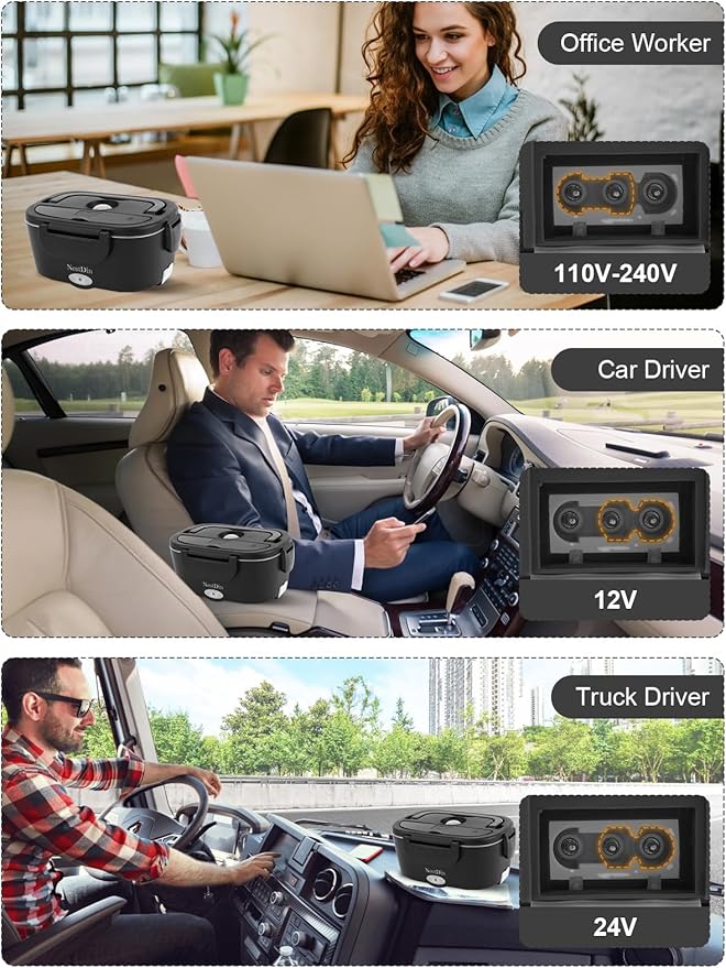 80W Electric Lunch Box for Adults, Portable Heated Lunch Box for Men, 1.5L Food Warmer Lunchbox for Car/Truck/Office, 12V/24V/110V Leak-Proof, Dishwasher-Safe with Insulated Bag(Matte Black)