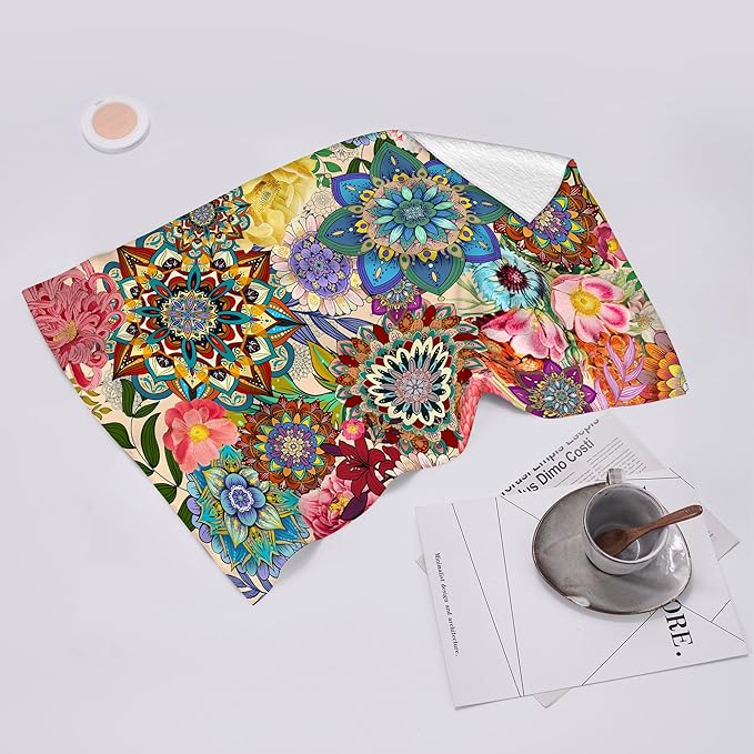 Boho Floral Kitchen Towels Set of 2, Colorful Flowers Dish Towels, Absorbent Soft Hand Tea Bar Towels for Farmhouse Home Decor