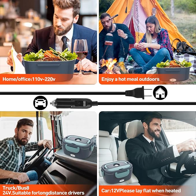 APSARAS Electric Lunch Box 60-80W Food Heater, 3in1 Ultra Quick Heated Lunch Boxes for Adults, 12V/24V/110V Portable Food Warmer for Car/Truck/Office With SS Fork Spoon and Insulated Carry Bag(green)