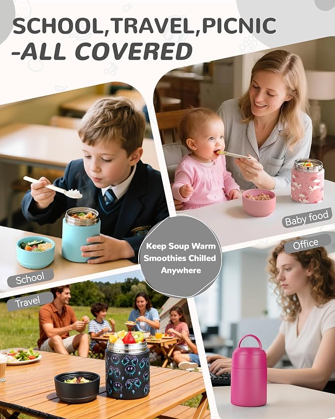 10oz Soup Thermo for Hot Food Kids Insulated Food Jar with Spoon Wide Mouth Stainless Steel Lunch Container Leak Proof Vacuum Food Box for School Travel Picnic Black