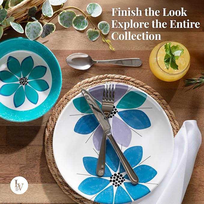 Larder & Vine 12-Piece Melamine Dinnerware Set: Durable, Lightweight, Break-Resistant Plates & Bowls – Stylish, Non-Toxic, Dishwasher Safe – Ideal for Everyday Use, Indoor & Outdoor Dining – Floral