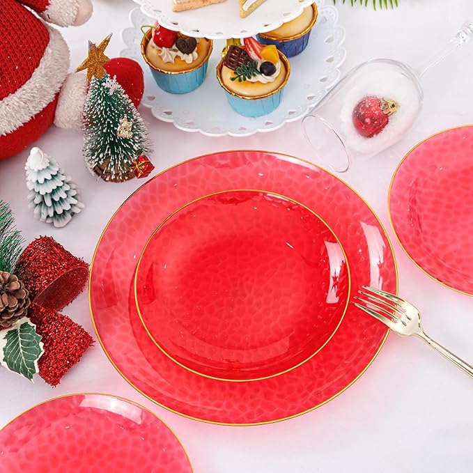 SUT 100Pcs Red Plastic Plates, Hammered Plates Disposable Heavy Duty, Red Disposable Plates With Gold Rim, Fancy Plastic plates Include 50 Dinner and 50 Dessert Plate for Wedding
