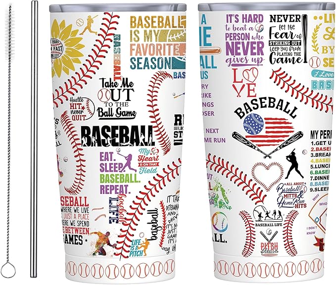 Baseball Tumbler Cup With Lid - Lover Birthday Gifts, Stainless Steel Vacuum Coffee Mug for Women Men, 20 Oz