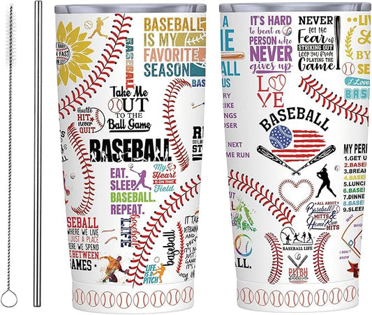 Baseball Tumbler Cup With Lid - Lover Birthday Gifts, Stainless Steel Vacuum Coffee Mug for Women Men, 20 Oz