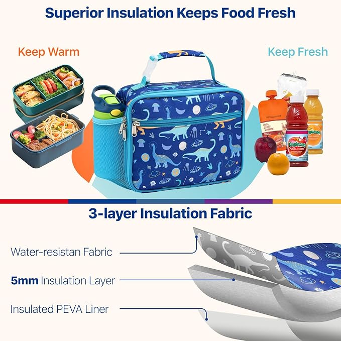 Bagseri Kids Lunch Bag Boys - Insulated Lunch Bag Reusable Leak-Proof Kids Lunch Box for Daycare and School, Blue Space Dinosaur (Water Bottle Not Included)