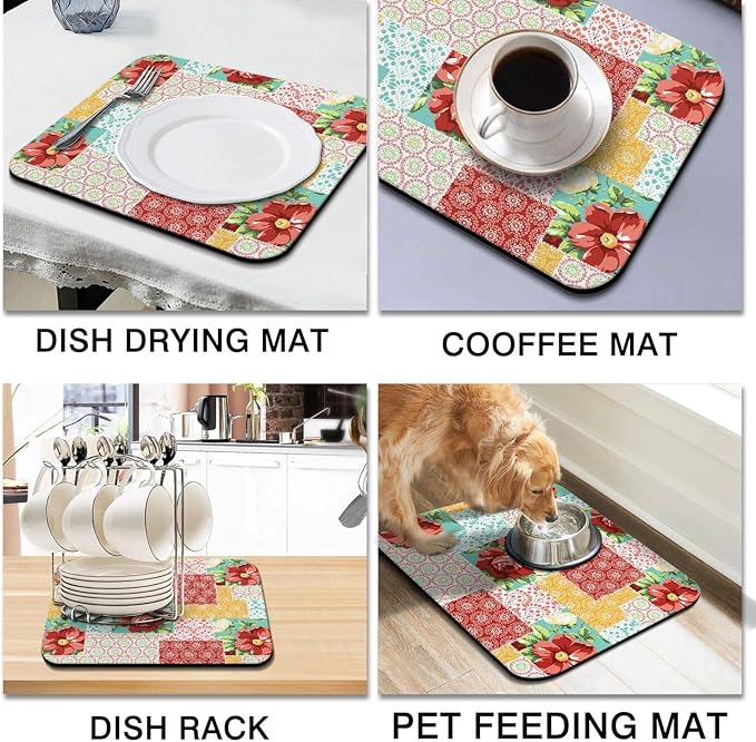 Rubber Dish Drying Mat for Kitchen Counter Large Boho Flowers Washable Quick Home Coffee Pad Fit Under Sink,Bar,Utensils 16x18in