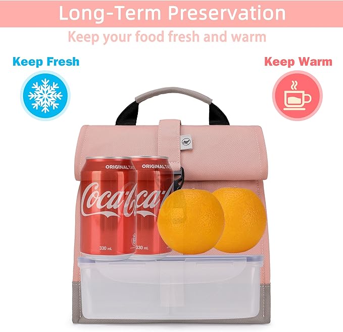 SUNNY BIRD Insulated Lunch Bag Pink Lunch Box Small Cooler Bag for Women, Girls, Adults and Teens (Pink with pink shoulder strap)
