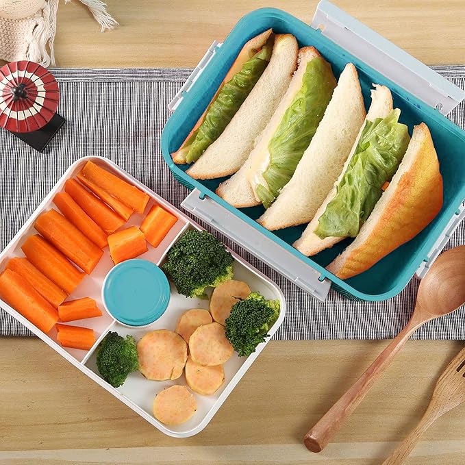 3 Pack Salad Lunch Box Food Storage Containers, 47oz Bento Box To Go Container with Lids, Meal Prep Containers with Removable Tray & Dressing Pots for Kids and Adults, Reusable and Microwave Safe