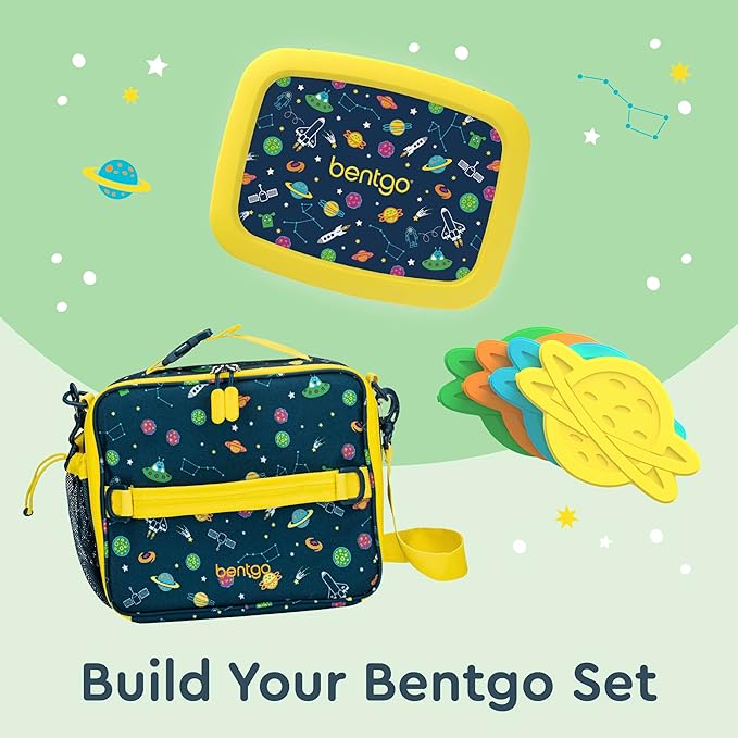 Bentgo Kids Lunch Bag - Durable, Double-Insulated Lunch Bag for Kids 3+; Holds Lunch Box, Water Bottle, & Snacks; Easy-Clean Water-Resistant Fabric & Multiple Zippered Pockets (Space)