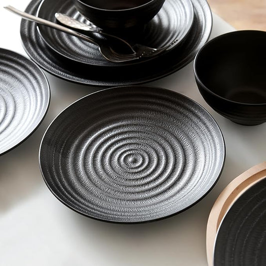 Melamine Dinnerware Sets for 4, 12Pcs Plates and Bowls Sets with Modern style, Lightweight and Unbreakable Dish Set for Camping, RV and BBQ, Dishwasher Safe, BPA free(Black)