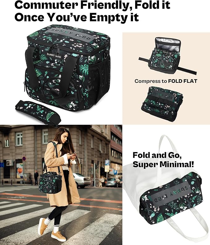 SUNNY BIRD 12L Large Insulated Lunch Bag, Leakproof and Foldable Lunch Cooler Box for Women Adult and Men, Fits 18 Cans (Floral & Foliage)