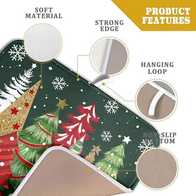 Christmas Green Dish Drying Mats 16x18 Inch, Farmhouse Gold Red Xmas Pine Trees Winter Holiday Absorbent Fast Dry Microfiber Dishes Drainer Rack Pad Farmhouse Rustic Holiday Kitchen Decor