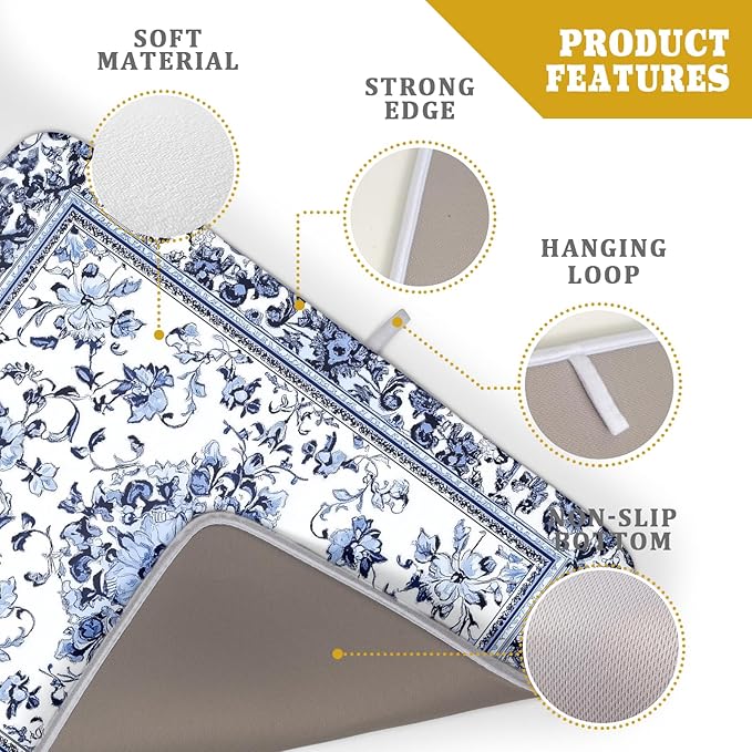 Boho Floral Dish Drying Mat 18x24 Inch Blue Leaves Kitchen Drying Pad Reversible Absorbent Dish Drainer Rack Mats Counter Tableware Decor