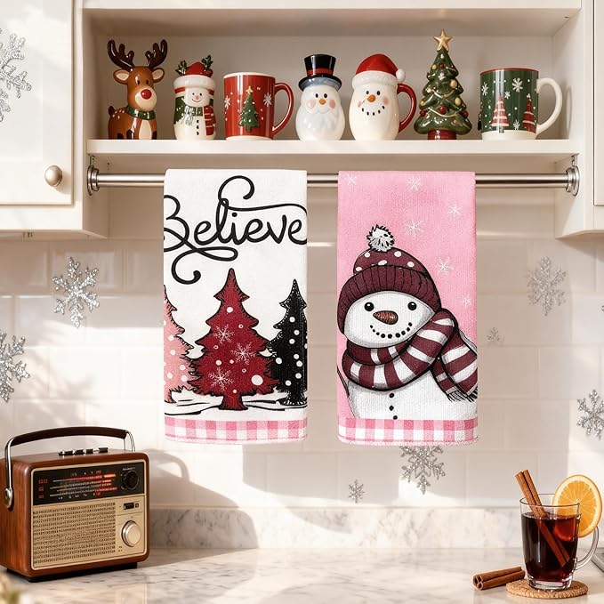 Pink Buffalo Plaid Christmas Kitchen Towels Set of 2 | 18x26 Inch Dish Towels with Snowman & Tree Holiday Decor for Winter Home & Bath