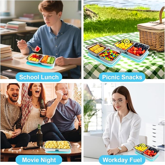 Zkptops 2Pcs Grab and Go Snack Containers Stainless Steel Reusable Snack Condiment Box with Lids Double Compartment Food Storage Container Dishwasher Divided Lunch Meal Container for School Travel