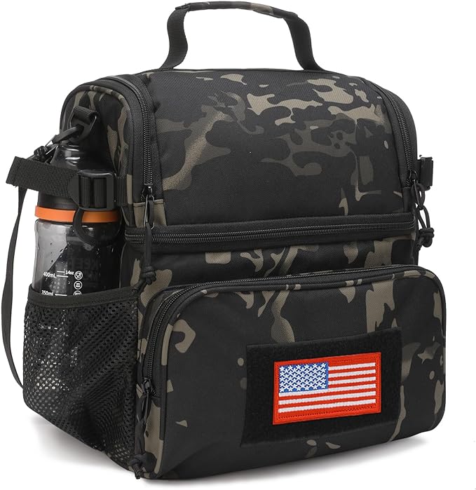 ATRIPACK 2 Compartment Lunch Bag for Men Adult, Tactical Lunch Box Leakproof Insulated Large Cooler Bag for Work with Adjustable Shoulder Strap Flag Double Layer Lunch Pail（Camo-Black）