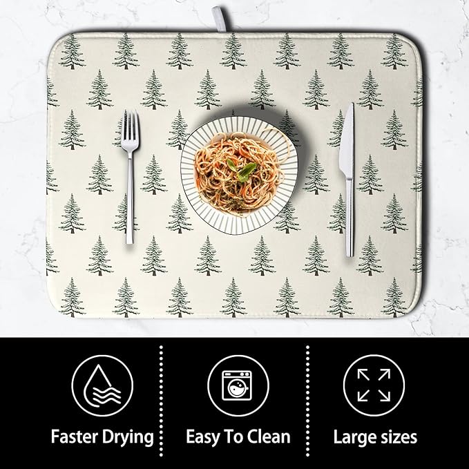 Christmas Tree Dish Drying Mat Winter Xmas Holiday Drying Mats Microfiber Absorbent Dishes Drying Pad Reusable Washable Kitchen Countertop Protector Dish Drainer Rack Mat 16x18 Inch