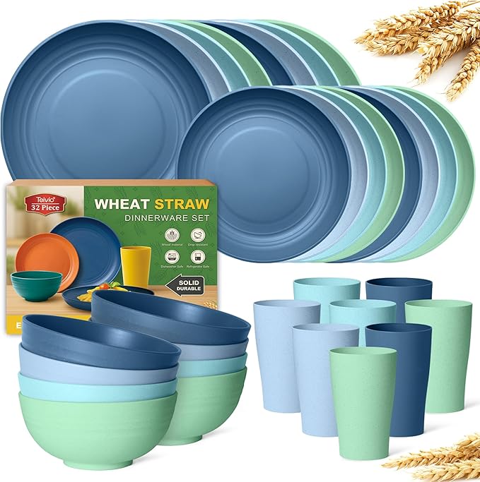 Teivio 32-Piece Kitchen Plastic Wheat Straw Dinnerware Set, Service for 8, Dinner Plates, Dessert Plate, Cereal Bowls, Cups, Unbreakable Colorful Plastic Outdoor Camping Dishes, Sky Multicolor