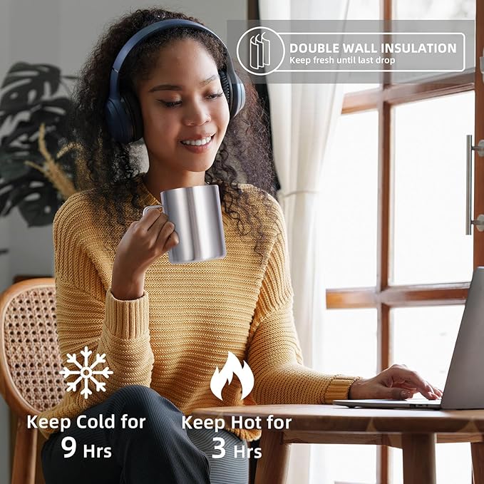 Volhoply 12oz Insulated Leakproof Coffee Mug with Flip & Straw Lid Bulk 2 Pack,Double Wall Vacuum Stainless Steel Travel Tumbler Cup with Handle,Reusable Camping Mugs Keep Cold/Hot(Silver,2 Set)