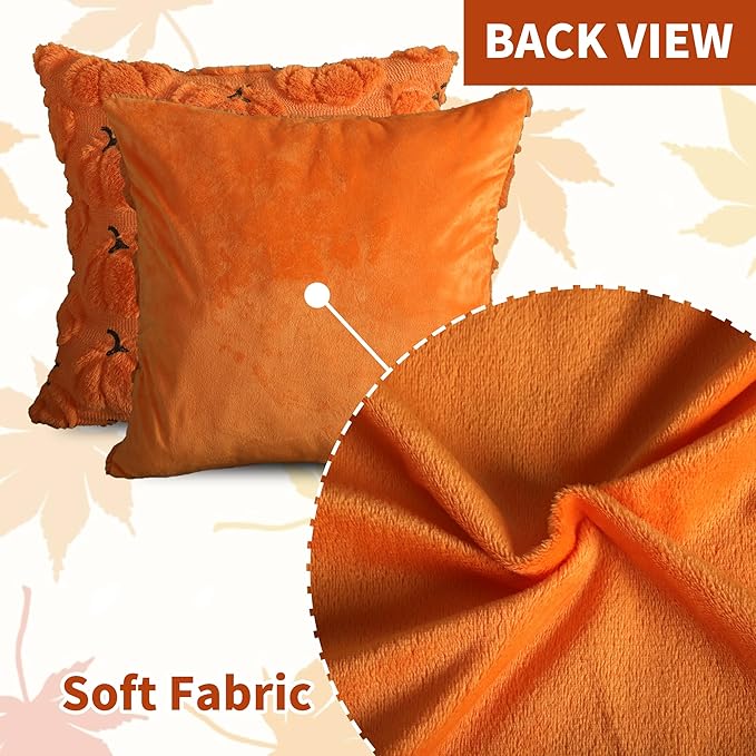 4TH Emotion Fall Pumpkins Decorative Pillow Covers 18x18 Set of 2, Orange Soft Plush Faux Fur Wool Farmhouse Throw Cushion Cases for Autumn Thanksgiving Holiday Home Decorations