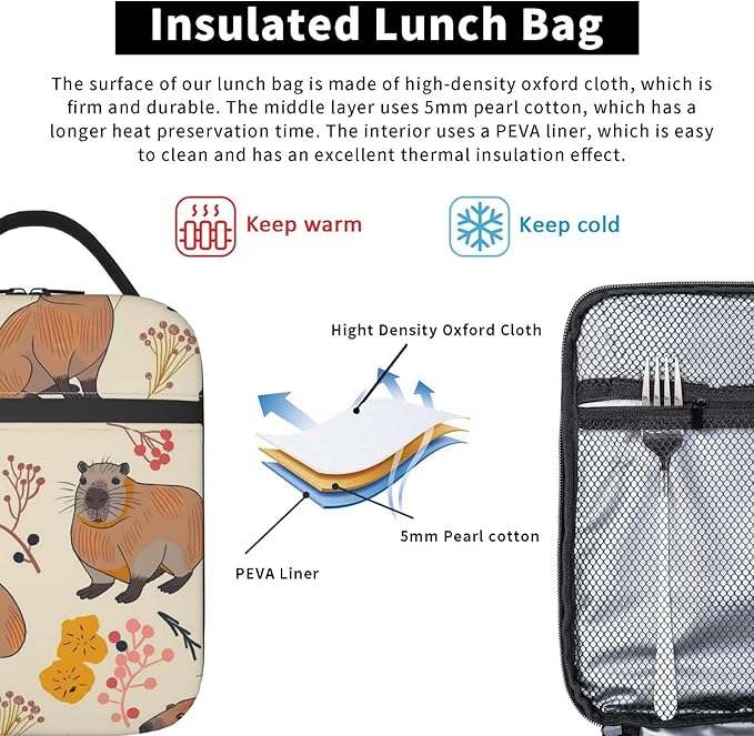 Capybara Lunch Box for Adults Women Girls Boys Kids Cute Animal Lunch Box Insulated Cooler Reusable Lunch Bag Container Gifts for Work Office Picnic Travel School