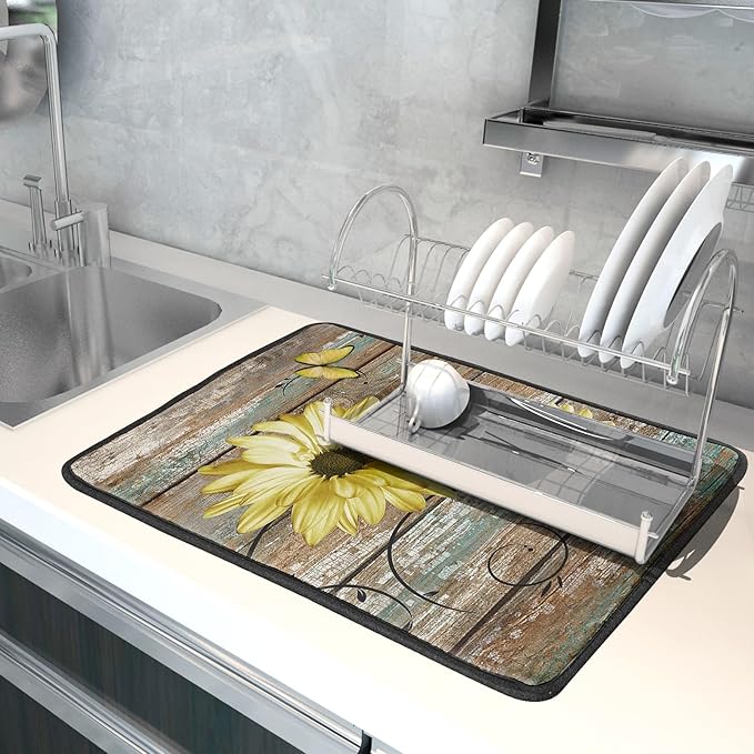 Rustic Daisy Dish Drying Mat for Kitchen Countertop 18x24 inch Yellow Sunflowers on Wooden Board Dish Drainer Mats Fast Drying Country Vintage Style Shabby Chic Flower Dish Drying Pad Decor Large