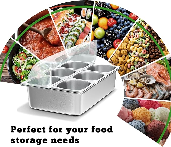 Stainless Steel Countertop Food Serving Display Container with Clear Roll Top Cover - Ice Food Serving Tray for Buffet, Restaurant, Kitchen, or Party(6 Pans)
