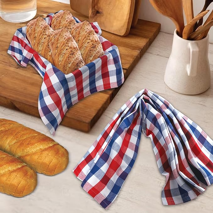 Urban Villa July 4th KitchenTowels Red/Blue/White DishTowels 100% Cotton (Set of 6) 20X30 Inches Buffalo Checks Highly Absorbent Soft Durable Reusable & Washable Kitchen Towels