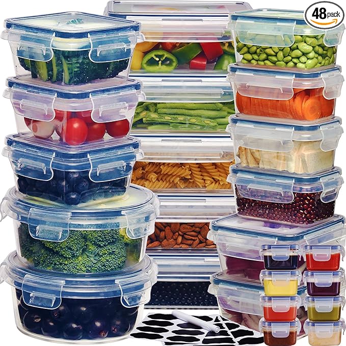 48Pcs Food Storage Container Set kitchen organizers Meal Prep Containers Lock Lids Reusable Plastic Lunch Box Snack Salad Containers 24 Boxes and 24 Lids Pantry and Kitchen Organization