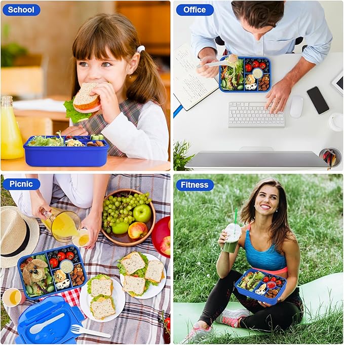 Bento Box Adult Lunch Box,Lunch Containers for Adults Kids,5-Compartment Bento Box for Kids Snack Boxes with Cutlery (Blue)