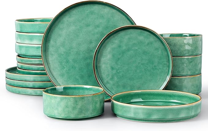 LIANYU 16 Piece Dinnerware Sets with Double Bowls, Plates and Bowls Dish Set for 4, Ceramic Dinner Ware Dishware for Kitchen Dining, Microwave & Dishwasher Safe, Emerald Green