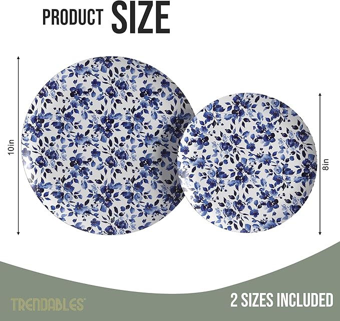 Trendables Heavy Duty Paper Plates Set For 16 Guests - 16 Each Of 8-inch And 10-inch Disposable Plates For Party - Fancy 32 Piece Dinnerware Set For All Occasions | Floral Design, Bluebelle