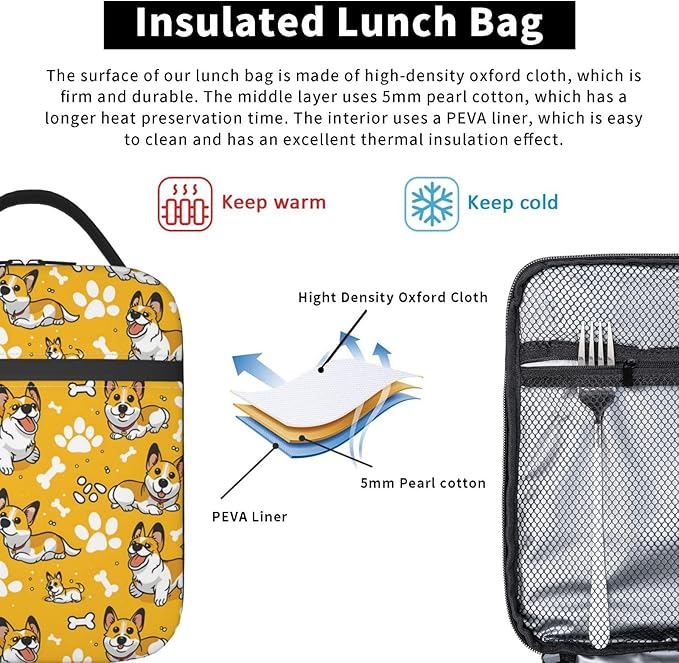 Cheerful Corgi Lunch Box for Women Men, Insulated Lunch Box, Reusable Lunch Bag for Office, Work, Picnic, Travel