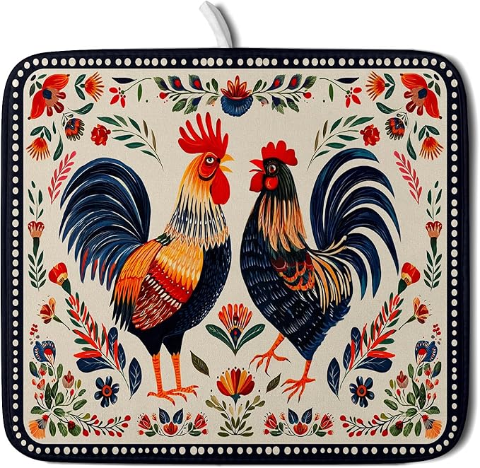 Roosters Chicken Dish Drying Mat for Kitchen Counter Absorbent Microfiber Drying Pad 16 x18 In