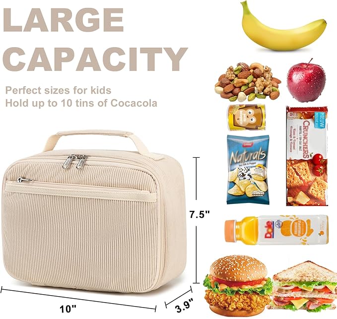 Bluboon Kids Girls Lunch Bag Insulated Lunch Box for school Corduroy Lunch Cooler Organizer School Kids Lunch Tote (Corduroy-White)