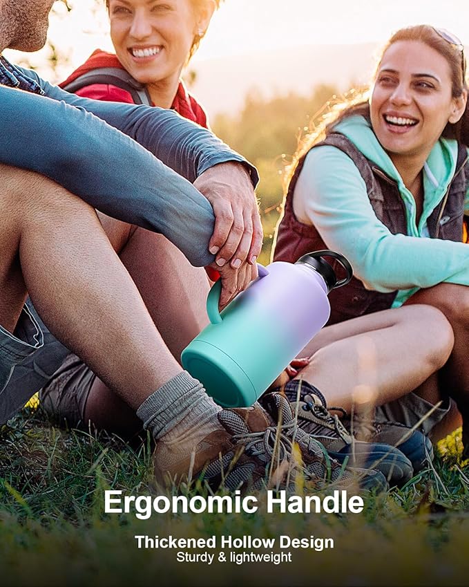 Trebo 64oz Water Bottle Insulated with Straw Lids,Half Gallon Double Wall Vacuum Stainless Steel Metal Large Jug with Handle,Wide Mouth Flask Mug with Carry Pouch,Keep Cold Hot,Ombre: Purple Green