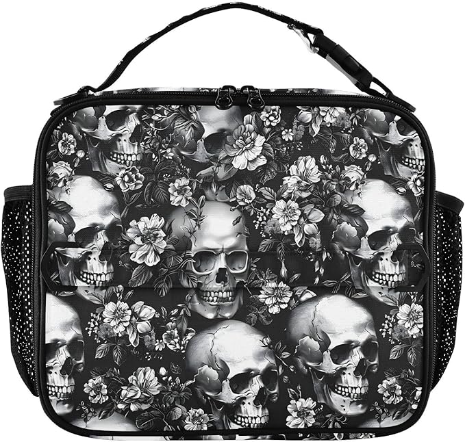 Skull Lunch Bag for Women Men Insulated Reusable Lunch Box with Adjustable Shoulder Strap Cooler Tote Bag for School Outdoor Picnic