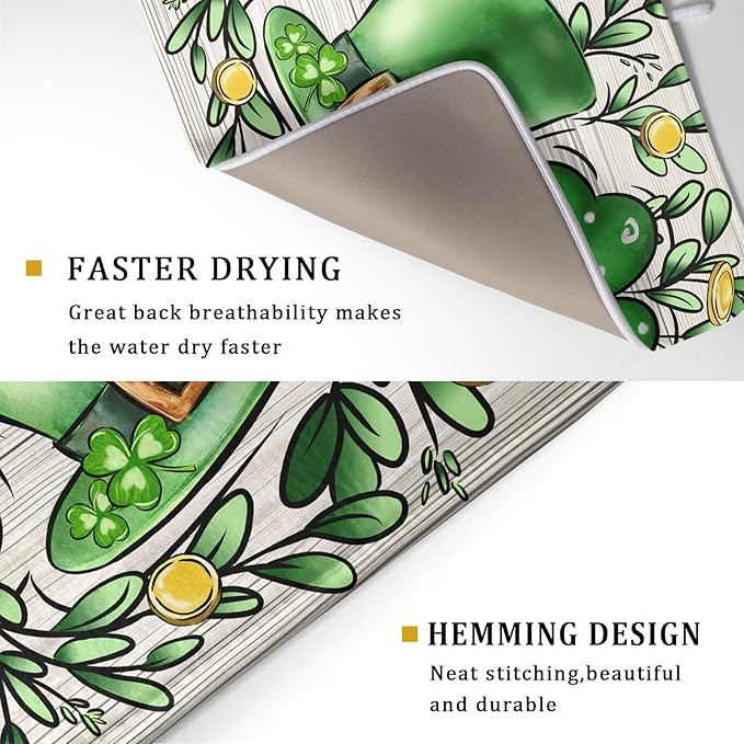 St Patrick's Day Shamrock Dish Drying Mat 18x24 inch Eucalyptus Leaves Dishes Pad Dish Drainer Mats Absorbent Fast Dry Kitchen Accessories