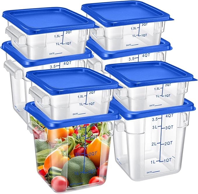 Suclain 8 Pcs Food Storage Container with Lids Set 2qt and 4qt Square Clear Commercial Containers with Scales Handles for Home Restaurant Kitchen Food Storage, Marinating Meat, Proof Dough (Blue)