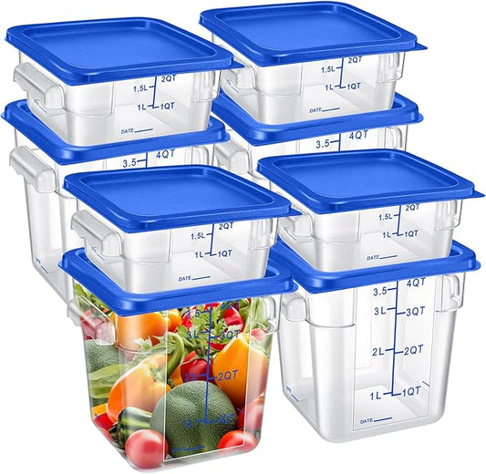 Suclain 8 Pcs Food Storage Container with Lids Set 2qt and 4qt Square Clear Commercial Containers with Scales Handles for Home Restaurant Kitchen Food Storage, Marinating Meat, Proof Dough (Blue)
