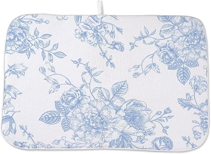 Baby Blue Chinoiserie Floral Dish Drying Mat 18 x 24 inch Vintage Flower Decorative Drying Mats Microfiber Absorbent Dish Washable Draining Mat for Kitchen Counter Decor