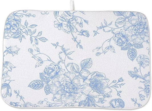 Baby Blue Chinoiserie Floral Dish Drying Mat 18 x 24 inch Vintage Flower Decorative Drying Mats Microfiber Absorbent Dish Washable Draining Mat for Kitchen Counter Decor
