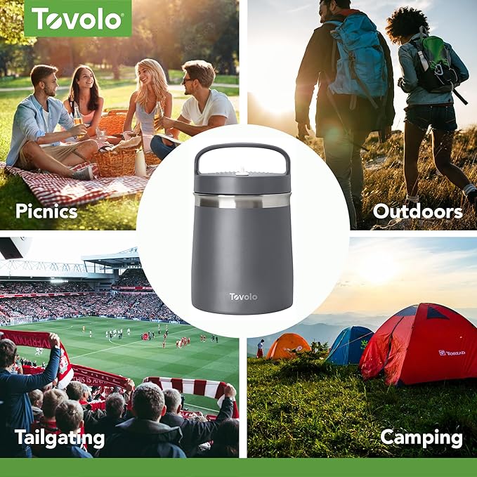 Tovolo 2 Quart Stainless Steel Traveler, Double-Wall Vacuum-Insulated Food Container, 2 Qt. Food Storage & Ice Cream Container, Easy-Carry Handle, Travel Mug for Hot Food & Cold Ice Cream, Charcoal