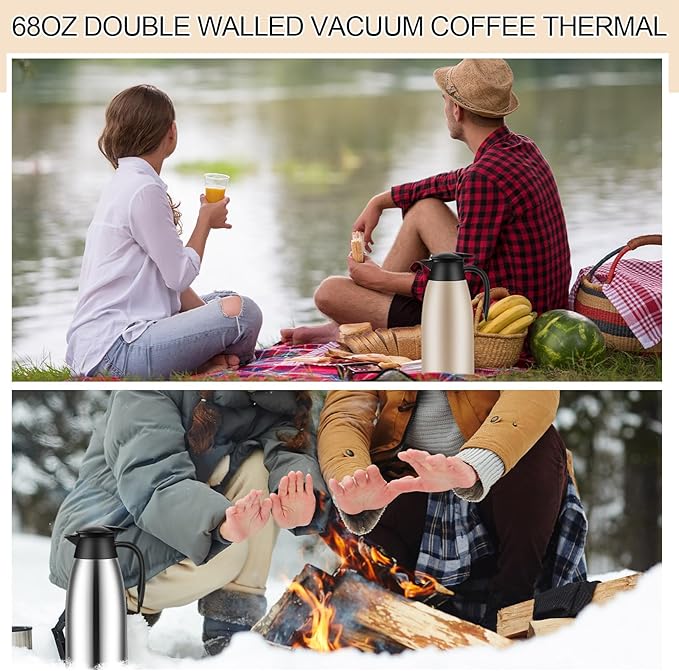 Uiifan 2 Pcs 68oz Thermal Coffee Carafe Insulated Stainless Steel Coffee Carafe for Hot Liquids Double Walled Vacuum Pot Creamer Pitcher Dispenser with Brush for Keeping Milk Tea(Silver, Champagne)